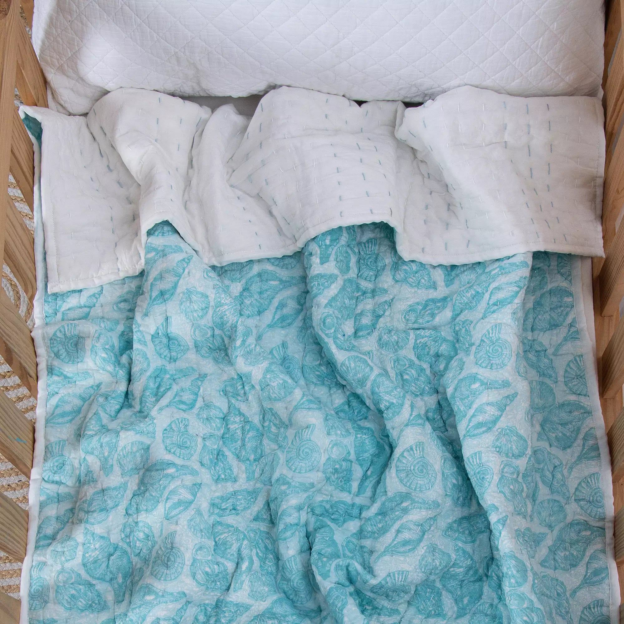 Blue Leaf Hand Block Printed Cotton Kantha Baby Quilt 107